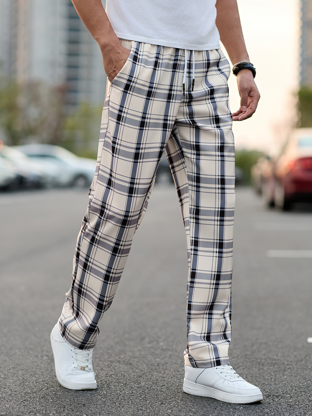 Pantalon Décontracté Homme | Design À Carreaux | Coupe Normale | Taille À Cordons