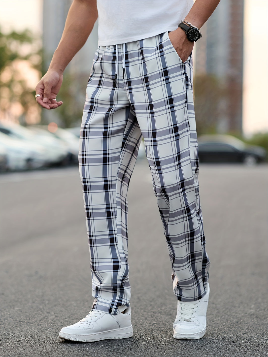Pantalon Décontracté Homme | Design À Carreaux | Coupe Normale | Taille À Cordons